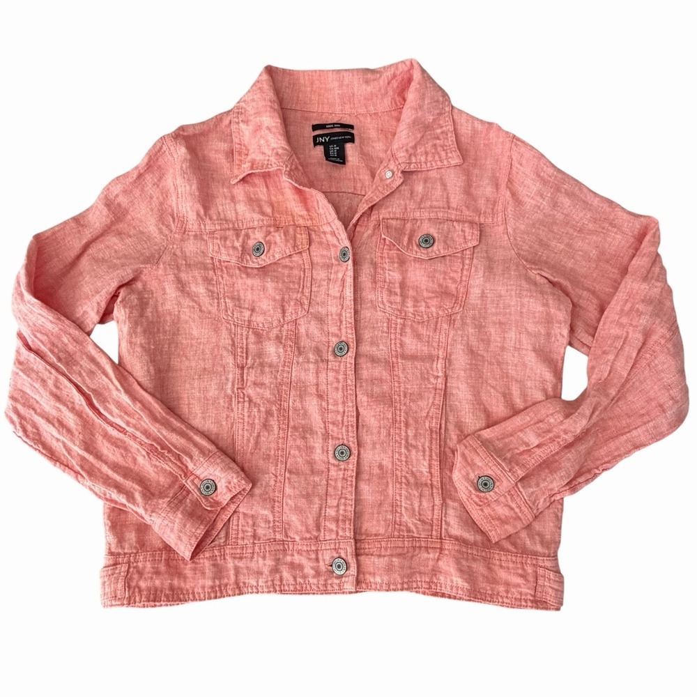 Jones New York 100% Linen Jacket Sz M• Coral Lightweight Pockets Coastal Vacay